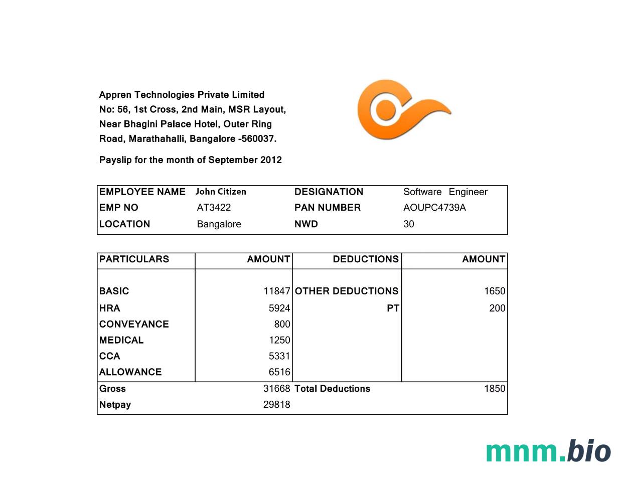 Indie Appren Technologies Private Limited payslip w formatach Word i PDF